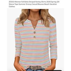 ZESICA Womens Striped Henley Shirt 3/4 Sleeve Casual Boho Beach Vacation Top L